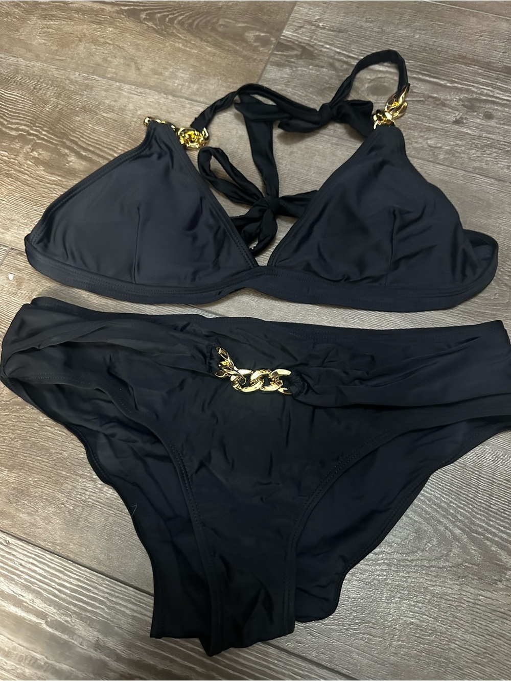 NWOT Women’s Black Bikini Set with Gold Chain Accents